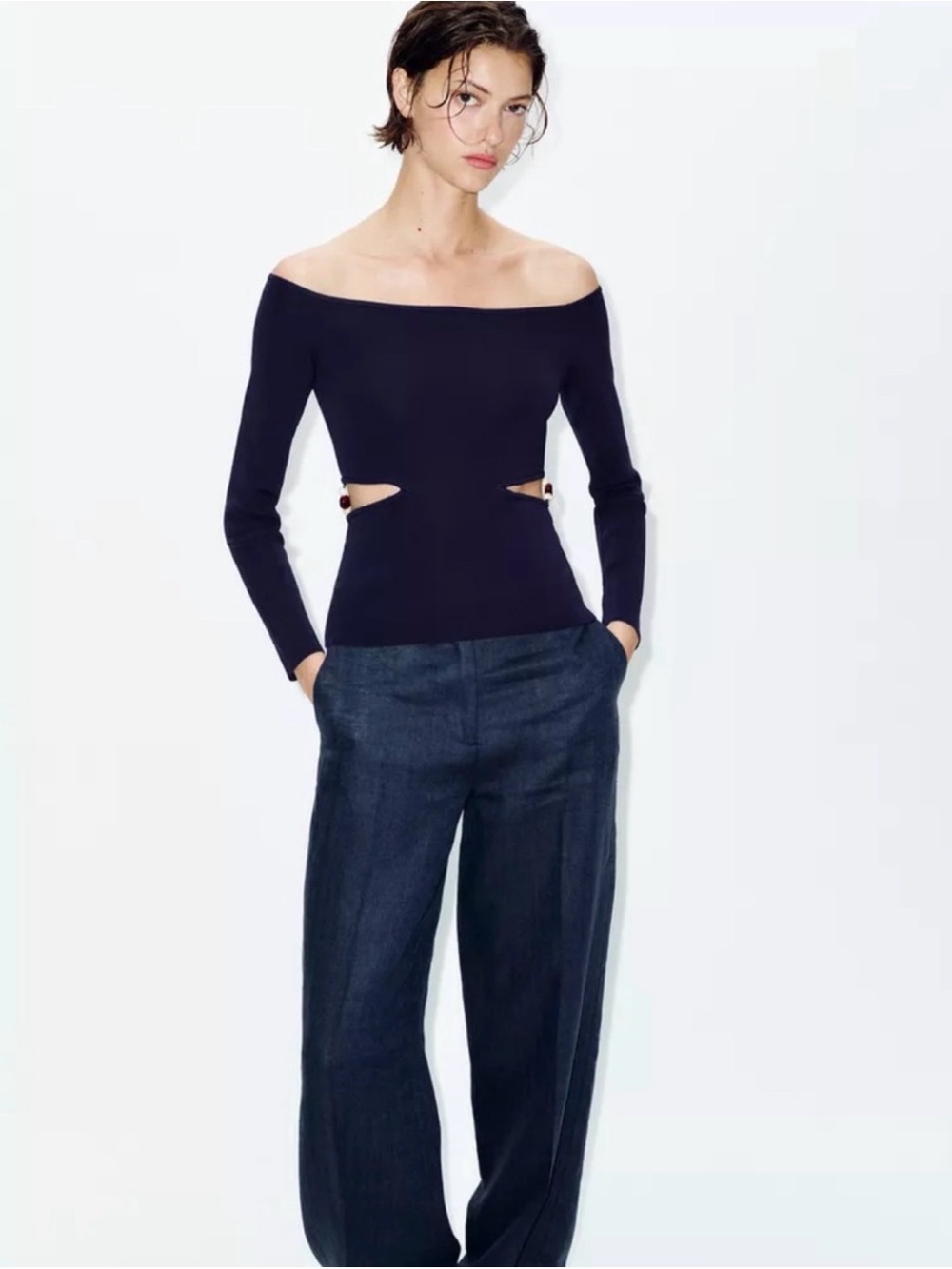 Zara Women’s Knit Cut- Out Top with Beads Navy Blue Size L NWT